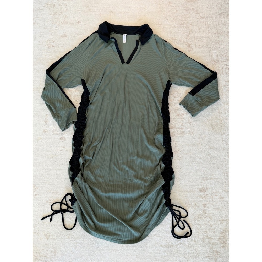 Daily Practice Anthropologie Ribbed Ruched Drawstring Polo Dress Olive Black 3X